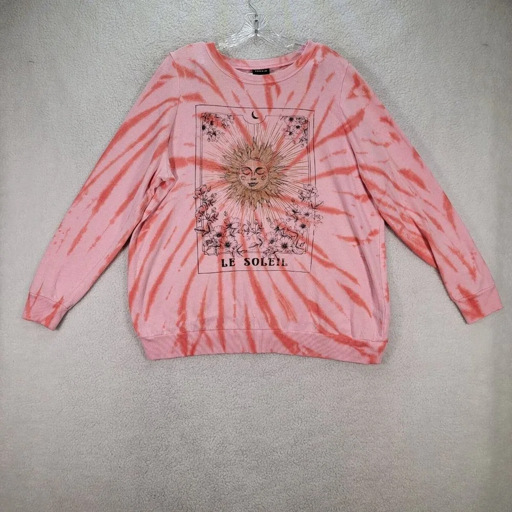Torrid Pink Tie Dye Le Soleil Sun Moon Classic Round Neck Comfy Pullover Sweater - Picture 11 of 13
